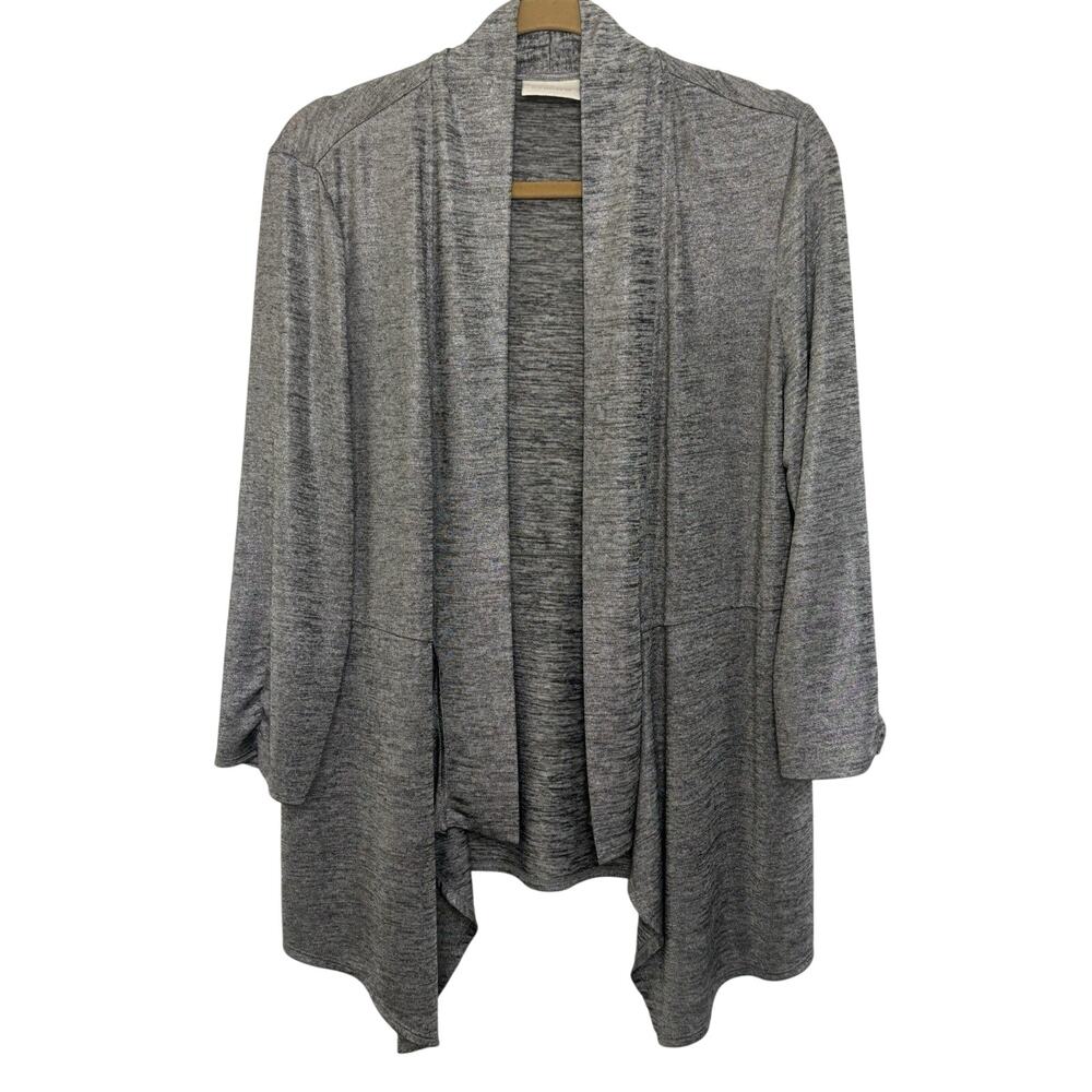 Chico’s Grey Open Front Drape Cardigan Size 2 Large Travel Classic Slinky Casual